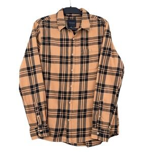Cotton On Garments Plaid Button Down Mens M 100% Cotton Tan Black